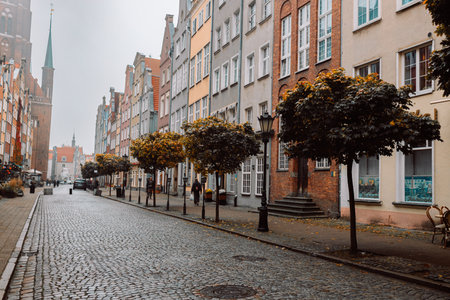 Autumn morning city alley at old town of Gdansk, Poland. High quality photoの写真素材