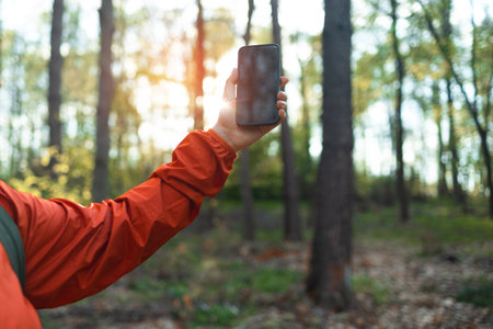 Young woman hand with smartphone catching signal at wooden forest. Road trip, transport, travel, technology and people conceptの写真素材
