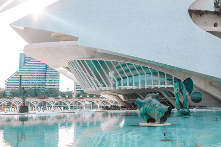 VALENCIA, SPAIN - October 15, 2022: The city of the Arts and Sciences at sunset in the rays of light in Valencia, Spain. The City of Arts and Sciences is an architectural complex of five buildings. High quality photoのeditorial素材