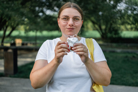 Young beautiful girl holding healthy protein bar while sitting outdoors with a happy face and...