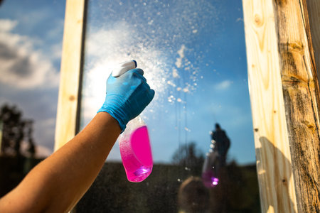 Professional cleaning service worker in overalls cleans the windows and shop windows of a store with special equipment. High quality photoの写真素材