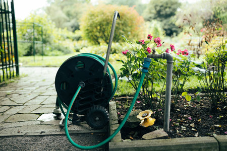 Top view of garden hose for watering. blue and black hose lies on concrete platform. High quality photoの写真素材