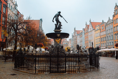 Gdansk, Poland - October 31, 2022: Beautiful fountain in the old center of Gdansk city, Poland. High quality photoのeditorial素材