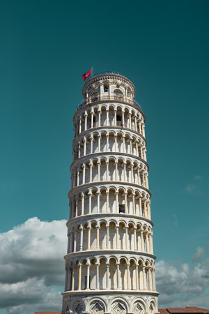 Pisa, Italy - March 18, 2023: Picturesque landscape with church and famous sloping tower in Pisa, Italy. fascinating exotic amazing places. High quality photoのeditorial素材