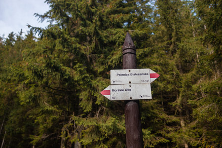 Morskie oko, Poland. Trail marker in High Tatras in Poland. High quality photo