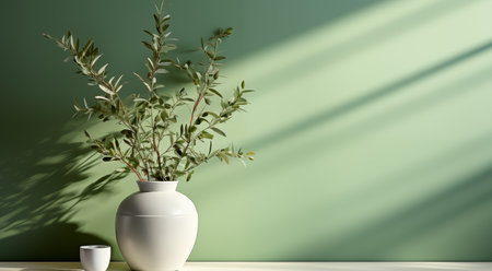 Bouquet of eucalyptus in the ceramic vase on the wooden table against green wall, minimalist interior designの素材