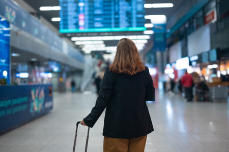 Young Caucasian business woman in international airport, using mobile smartphone and checking flight at the flight information board. Back viewの写真素材