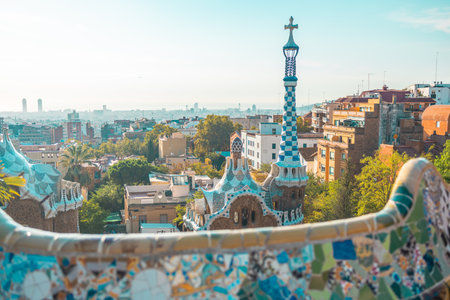 BARCELONA, SPAIN - October 2022: Amazing Park Guel in Barcelona. Park Guell is the famous architectural town art designed by Antoni Gaudi. High quality photoのeditorial素材