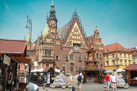 Wroclaw, Poland - June 2023: Wroclaw central market square with old houses and sunset. Panoramic evening view, long exposure, timelapse. Historical capital of Silesia, Wroclaw (Breslau) , Poland, Europe.のeditorial素材