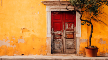 Wooden red beautiful door in an old yellow colored building in the small Greece city.Climbing tree in a large clay tub. Generative AIの素材