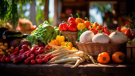 A variety of fresh vegetables for sale at a local market. Stacked tables filled with fresh organic locally grown produce. Generative AIの素材