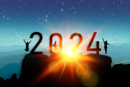 Loading year 2024. Successful lucky man to the top of the mountain from 2024 year number. Business start up or goal to success. High quality photoの写真素材