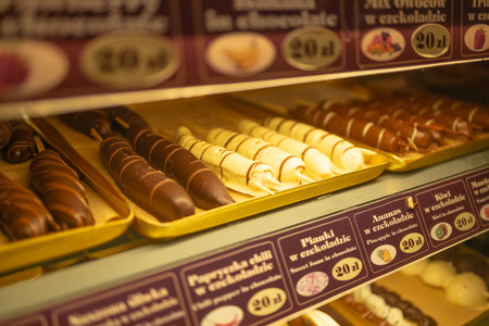 Strawberries covered in white and milk chocolate for sale in the Christmas market shop at the Town...