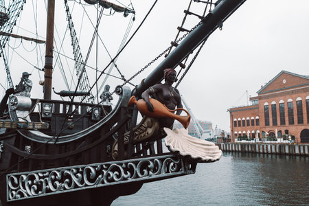 Gdansk, Poland - May, 2022: Pirate ship at Motlawa river in Gdansk at sunrise, Poland. Gdansk is the historical capital of Polish Pomerania with beautiful architecture. High quality photoのeditorial素材