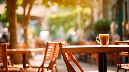 Coffee espresso on wood table nature background. Wooden table and cozy chair at street cafe. Vacant restaurant furniture on the terrace outdoors.の素材