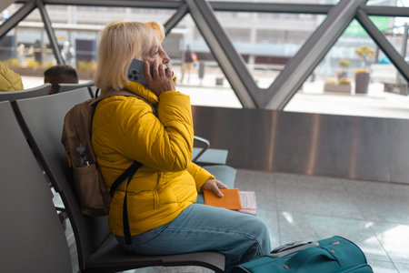 Airport senior 60s woman talking on the phone sitting at airplane terminal waiting for transportの写真素材
