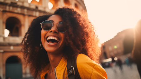 Young black woman taking selfie portrait on city street. Female having fun on vacation outdoor in front of the colosseum, Rome, Italy. Friendship and happy lifestyle concept. Generative AIの素材