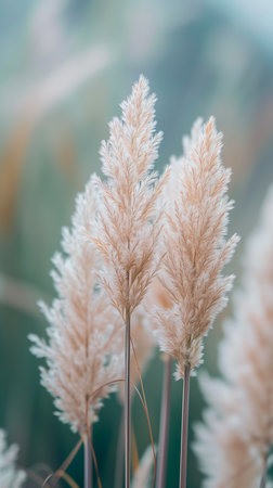 Golden pampas grass in the sky, abstract natural background of soft Cortaderia selloana plants moving in the wind. Minimal, stylish, trend concept.の素材