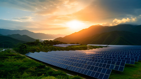 Close-up of solar cell farm power plant eco technology. landscape of Solar cell panels in a photovoltaic power plant.の素材