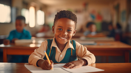 Smiling african boy sitting at desk in class room and looking at camera. Portrait of young black schoolboy studying with classmates in background. Happy smiling pupil writing on notebook.の素材