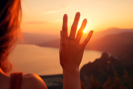 New year planning and vision concept, Close up of woman hand touches the sunset sun the fingers. Female capturing the sunrise. copy space. Romantic concept.の素材