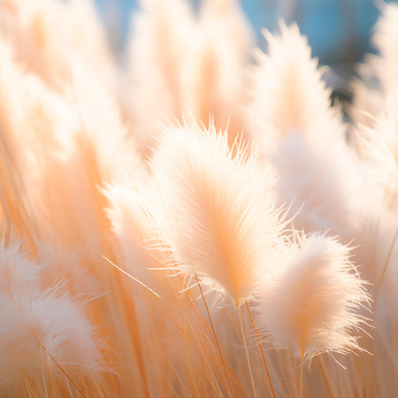 Golden pampas grass in the sky, abstract natural background of soft Cortaderia selloana plants moving in the wind. Minimal, stylish, trend concept.の素材