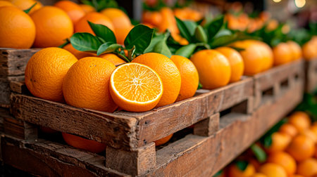fresh oranges with leaves in an old wooden box on city market.の素材