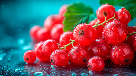 Red currant berry isolated on blue background. Close-upの素材