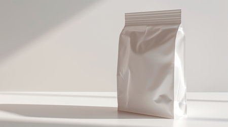 Blank white aluminium foil plastic pouch bag sachet packaging mockup on a white background. AI generatedの素材