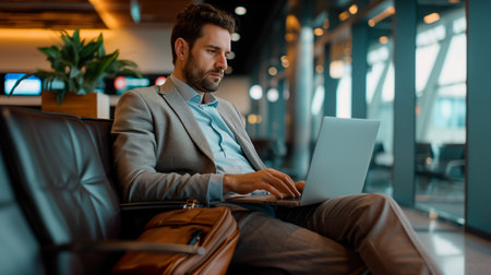 Businessman in a stylish gray business suit sitting at the airport using laptop next to the window at the airport waiting lounge.の素材