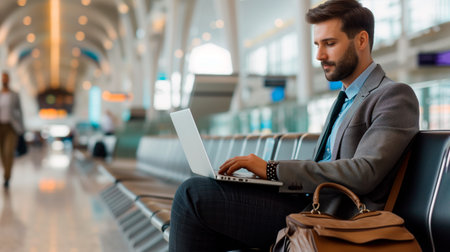 Businessman in a stylish gray business suit sitting at the airport using laptop next to the window at the airport waiting lounge.の素材