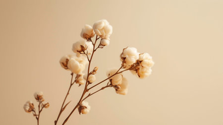 Delicate cotton branch on beige background. Minimal composition from delicate cotton flowers for design.の素材