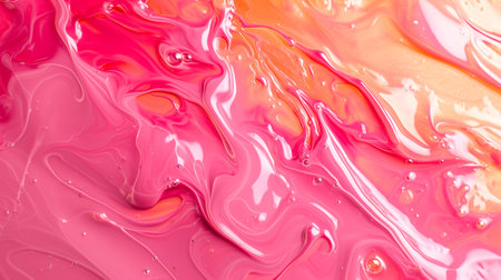 Abstract fluid art background red and coral colors. Liquid marble. Acrylic painting with peach gradient and splash. Watercolor backdrop with rose wavy pattern. Stone marbled section.の素材