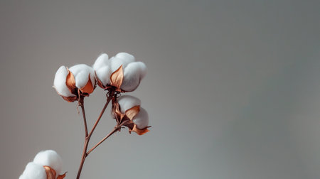 Delicate cotton branch on grey background. Minimal composition from delicate cotton flowers for design.の素材
