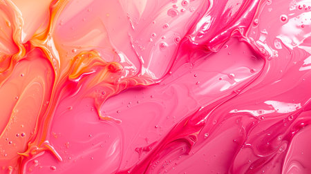 Abstract fluid art background red and coral colors. Liquid marble. Acrylic painting with peach gradient and splash. Watercolor backdrop with rose wavy pattern. Stone marbled section.の素材