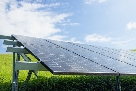 Close-up of Solar cell farm power plant eco technology.landscape of Solar cell panels in a photovoltaic power plant.concept of sustainable resources and renewable energy.の写真素材