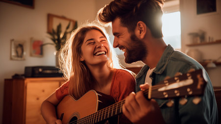 Valentines Day. Portrait of caucasian young romantic couple acoustic guitar on couch indoorの素材