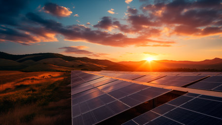 Environmentally friendly installation of photovoltaic power plant and wind turbine farm situated by landfill.Solar panels farm built on a waste dump and wind turbine farm. Renewable energy source.の素材