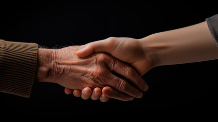 Handshake between senior over old elderly and mid-aged woman on black backgroundの素材