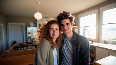 Happy millennial husband and wife hug cuddle enjoy tender romantic moment in kitchen, smiling loving young couple embrace on domestic date at home, having romance together, relationships concept. Valentines Day.の素材