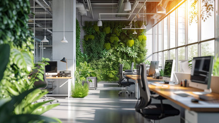 Modern computer on table in office interior. Stylish workplace with vertical garden. Generative AIの素材