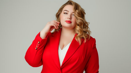 Plus size Caucasian woman female model in red suit studio stylish fashion posing on grey background. Generative AIの素材