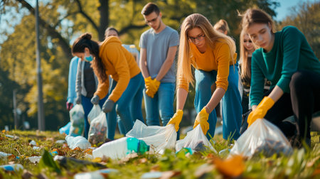 Group of eco volunteers picking up plastic trash in city park. Activist people collecting garbage protecting the planet. Ocean pollution, environmental conservation and ecology concept.の素材