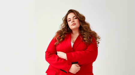 Plus size Caucasian woman female model in red suit studio stylish fashion posing on grey background. Generative AIの素材