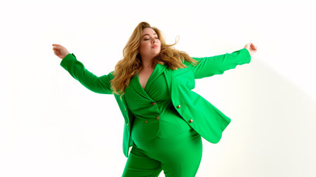 Plus size Caucasian woman female model in green suit studio stylish fashion posing on grey background. Generative AIの素材