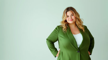 Plus size Caucasian woman female model in green suit studio stylish fashion posing on grey background. Generative AIの素材