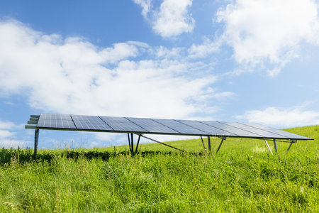 Close-up of Solar cell farm power plant eco technology.landscape of Solar cell panels in a photovoltaic power plant.concept of sustainable resources and renewable energy.の写真素材