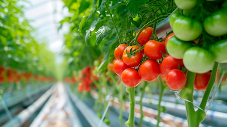 Ripe tomato plant growing in greenhouse. Tasty red heirloom tomatoes. Beautiful red ripe cherry tomatoes grown in a greenhouse or vertical farm. Generative AIの素材
