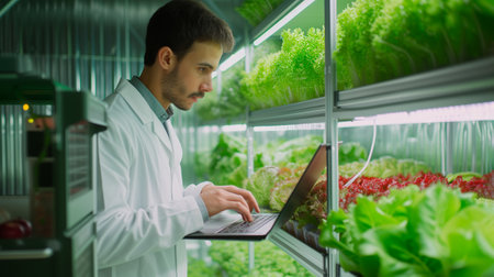 Vertical farm. Young male researcher in lab coat using laptop standing by vertical trusses and touching lettuce in greenhouse.Generative AIの素材