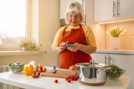 Baking, website and phone with woman cooking food while reading online with blog, internet or app. Female cooking vegetables search recipe for diet, nutrition or lunch.の写真素材